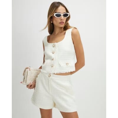 White Fringe Hem Boucle Waistcoat