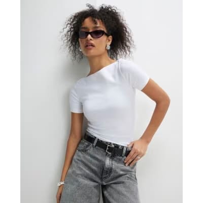 White Short Sleeve Cotton Boat Neck Top