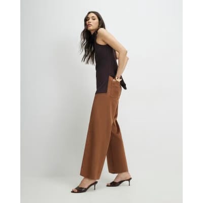 Brown Faux Suede Cropped Seam Front Trousers