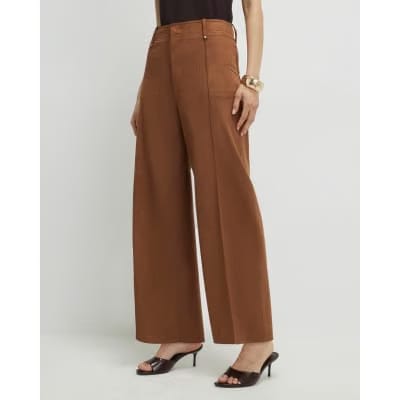 Brown Faux Suede Cropped Seam Front Trousers