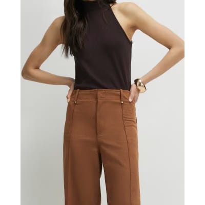 Brown Faux Suede Cropped Seam Front Trousers