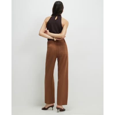 Brown Faux Suede Cropped Seam Front Trousers