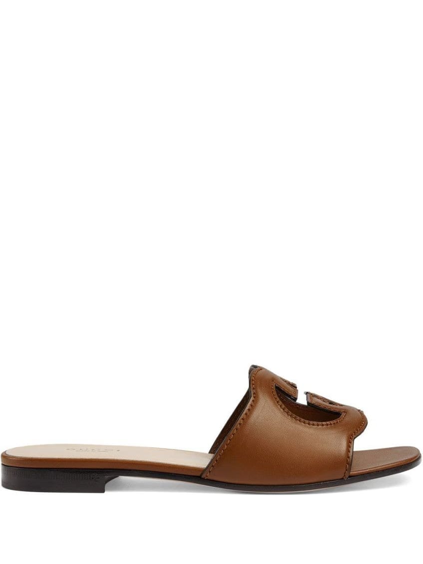Brown Gg Cut-out Leather Flat Sandals