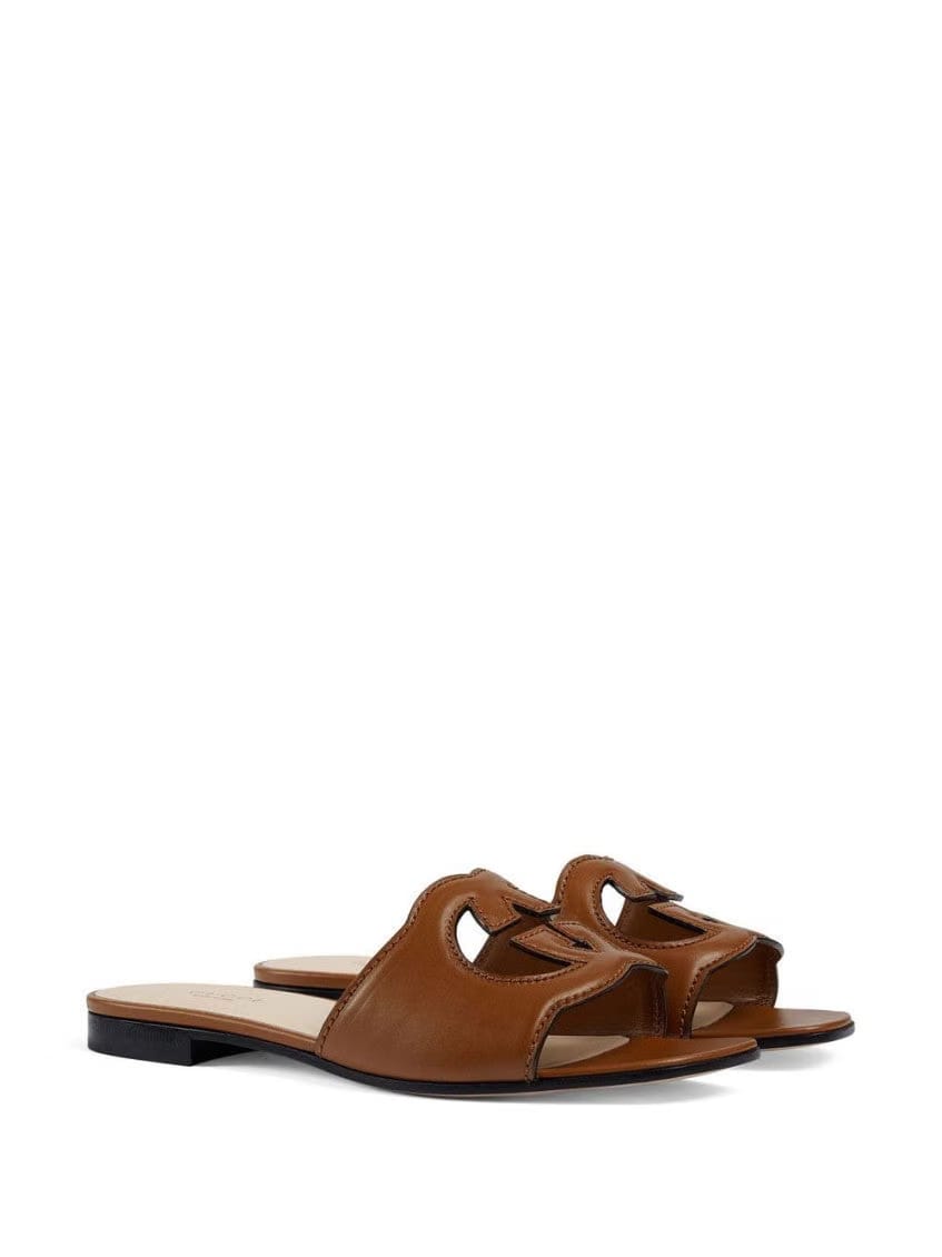 Brown Gg Cut-out Leather Flat Sandals