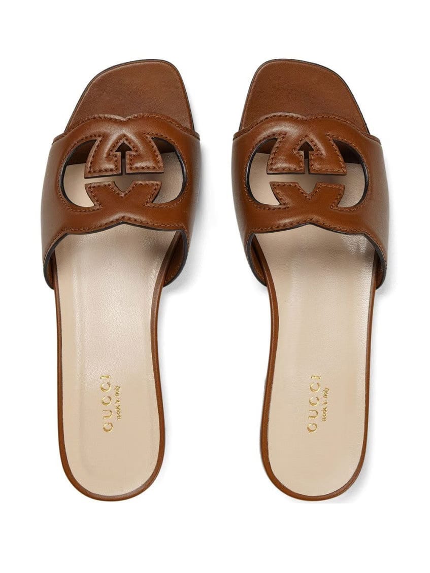 Brown Gg Cut-out Leather Flat Sandals