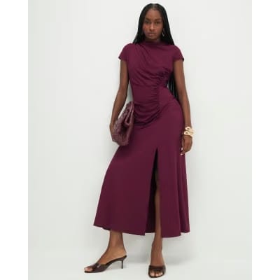 Purple Short Sleeve High Neck Maxi Dress
