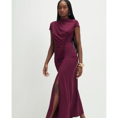 Purple Short Sleeve High Neck Maxi Dress