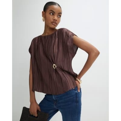 Brown Satin Plisse Gold Detail Top