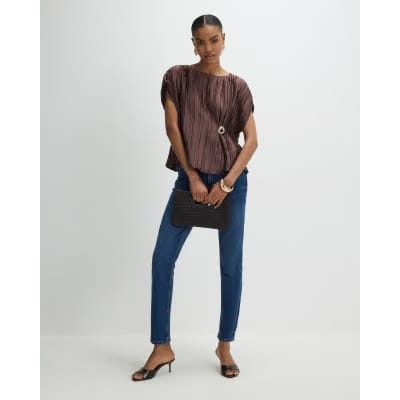 Brown Satin Plisse Gold Detail Top