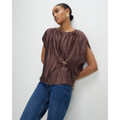 Brown Satin Plisse Gold Detail Top