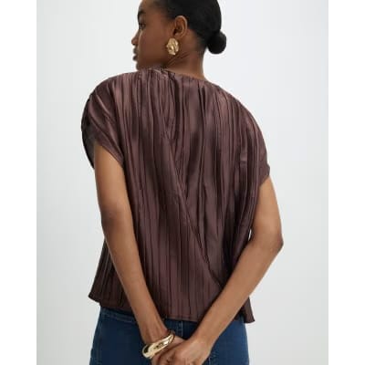 Brown Satin Plisse Gold Detail Top
