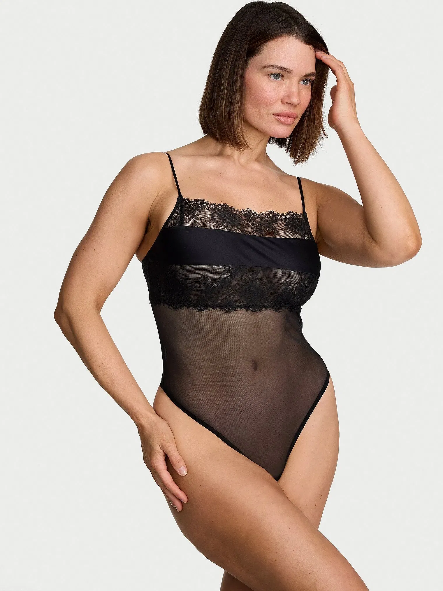 Rose Lace & Mesh Straight-Neck Bodysuit