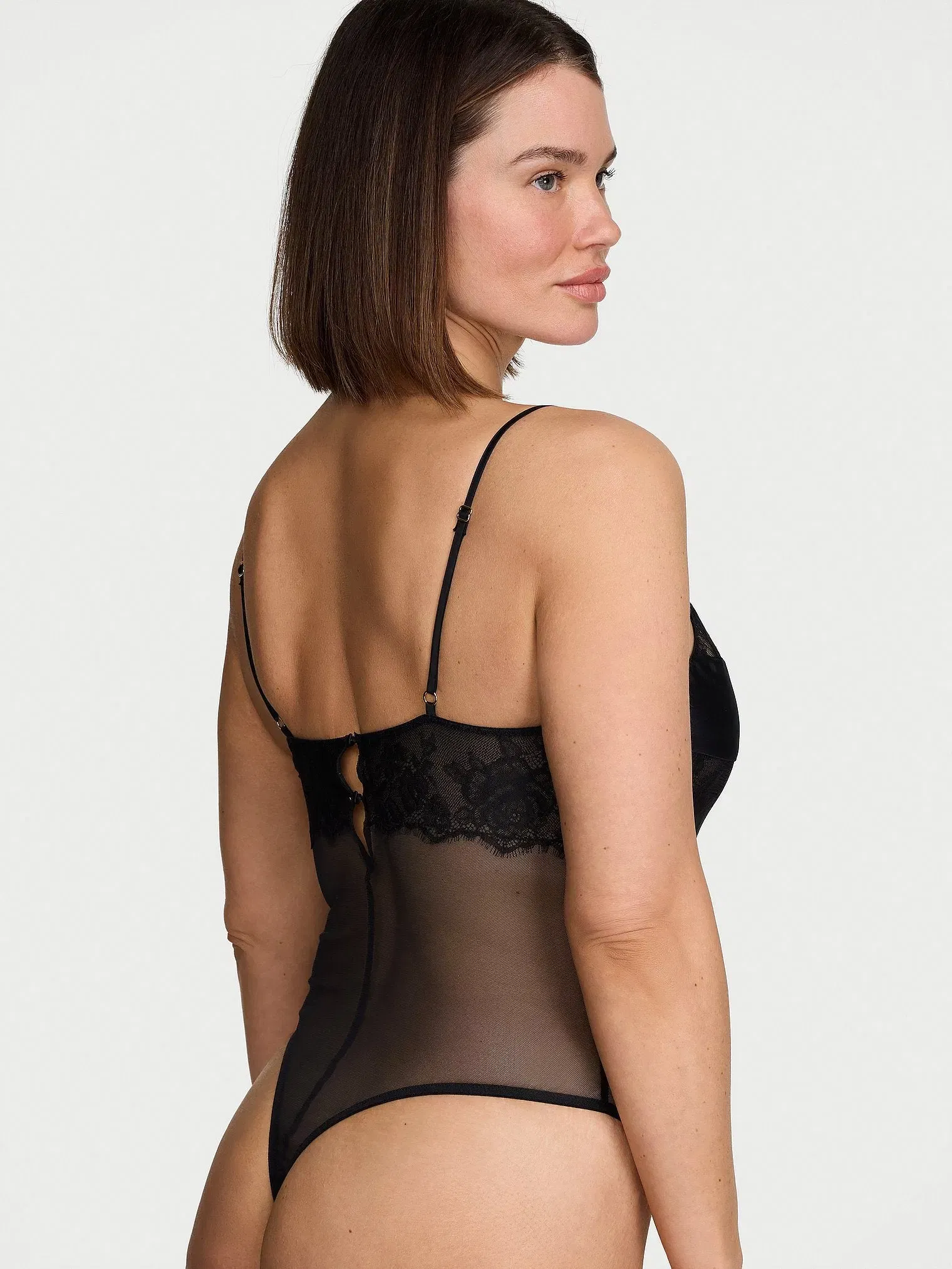 Rose Lace & Mesh Straight-Neck Bodysuit