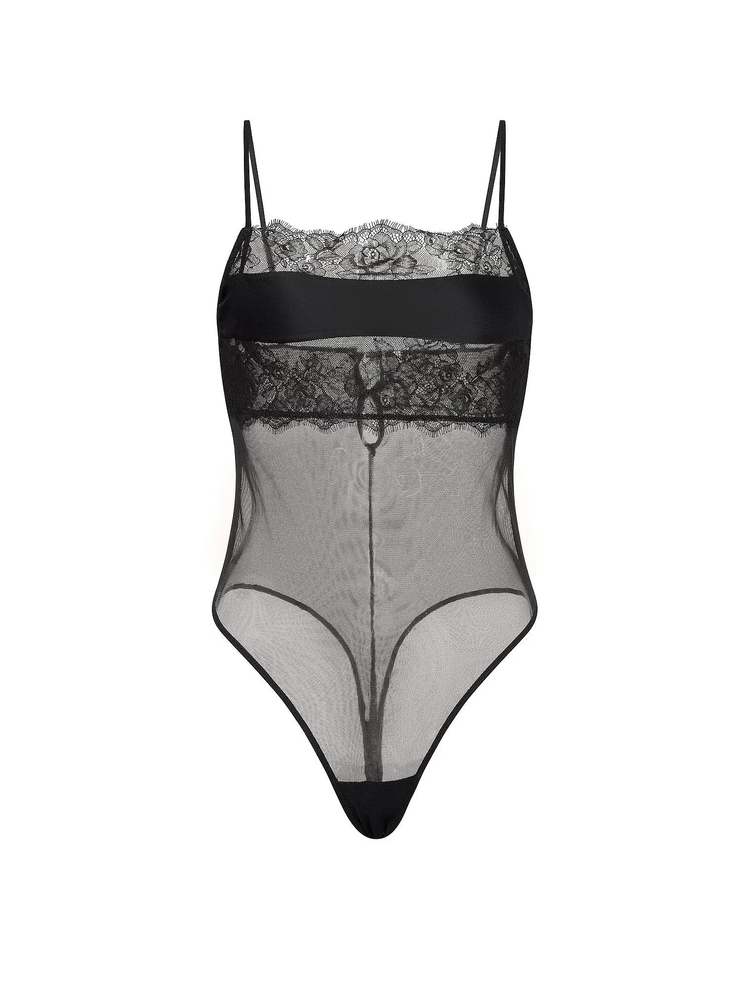 Rose Lace & Mesh Straight-Neck Bodysuit