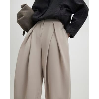 Beige Pleat Detail Tapered Trousers
