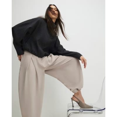 Beige Pleat Detail Tapered Trousers