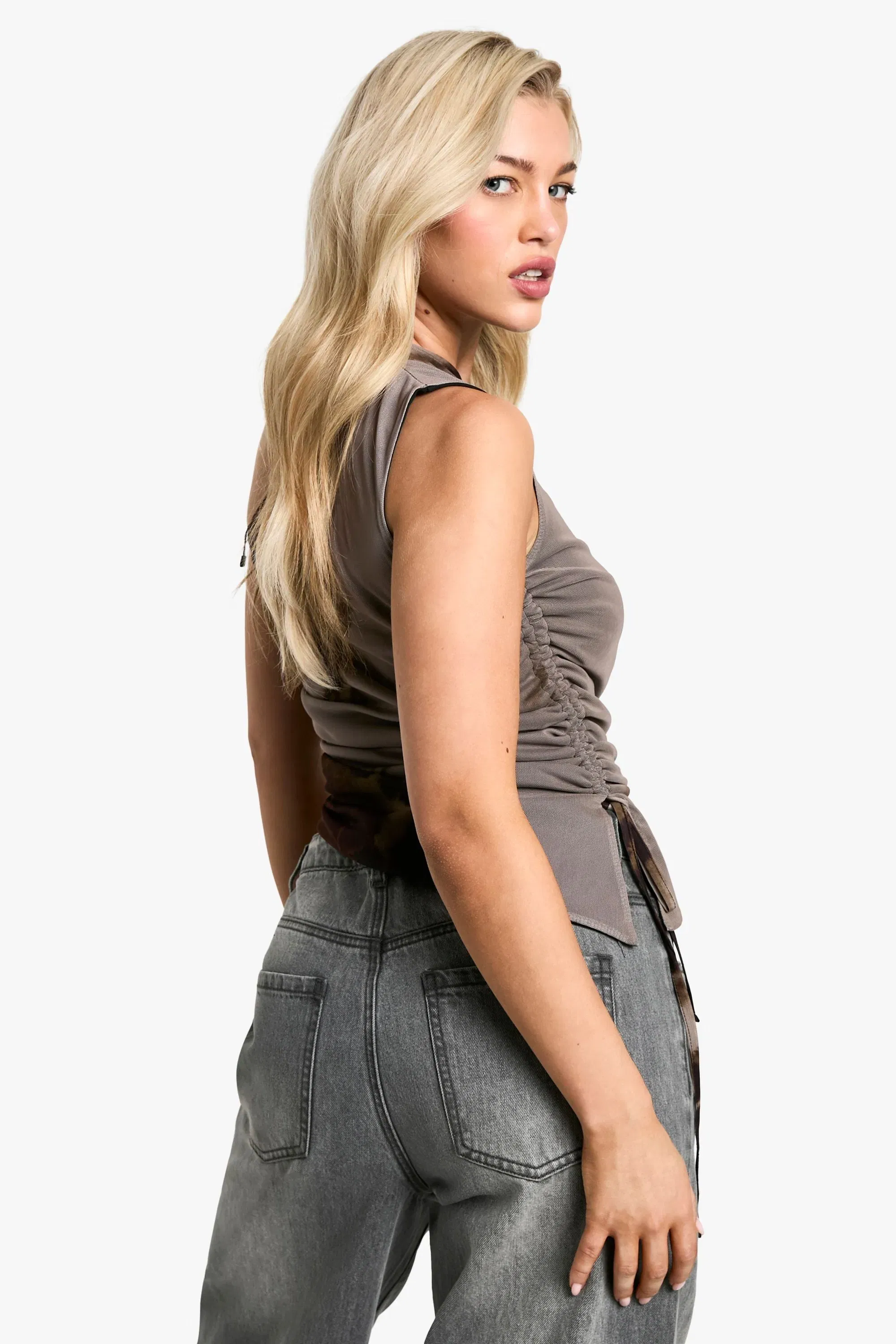 Printed Mesh One Shoulder Ruched Top
