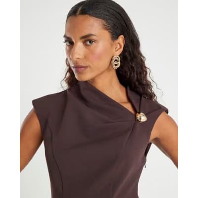 Brown Sleeveless Drape Mini Dress