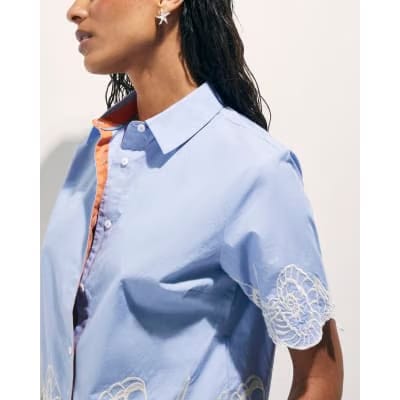 Blue Shell Embroidered Hem Shirt