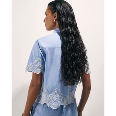 Blue Shell Embroidered Hem Shirt