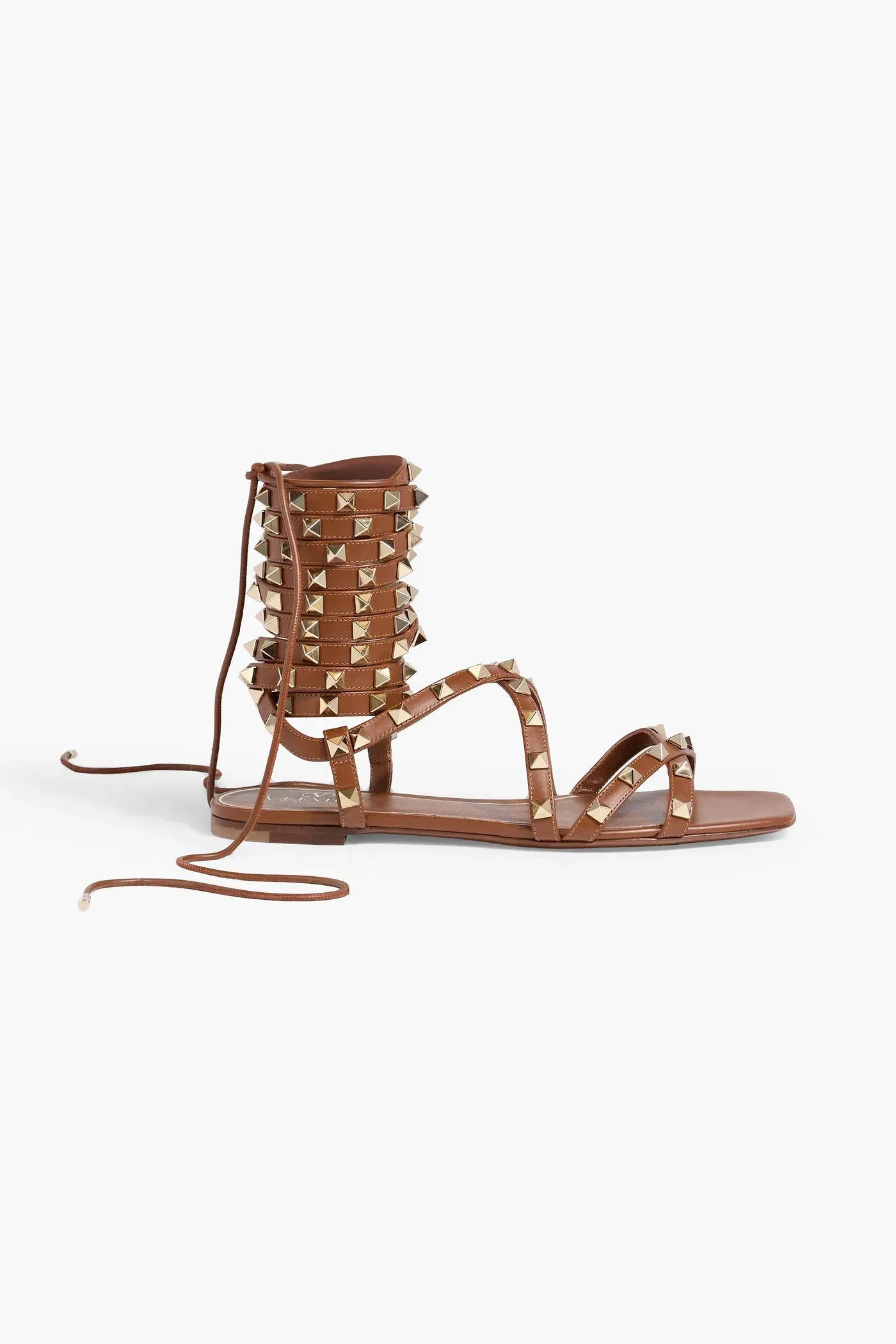 Valentino Garavani Rockstud Lace-Up Leather Sandals Brown Women's