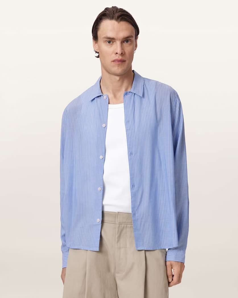 AllSaints Furrow Long Sleeve Boxy Striped Shirt Aero Blue
