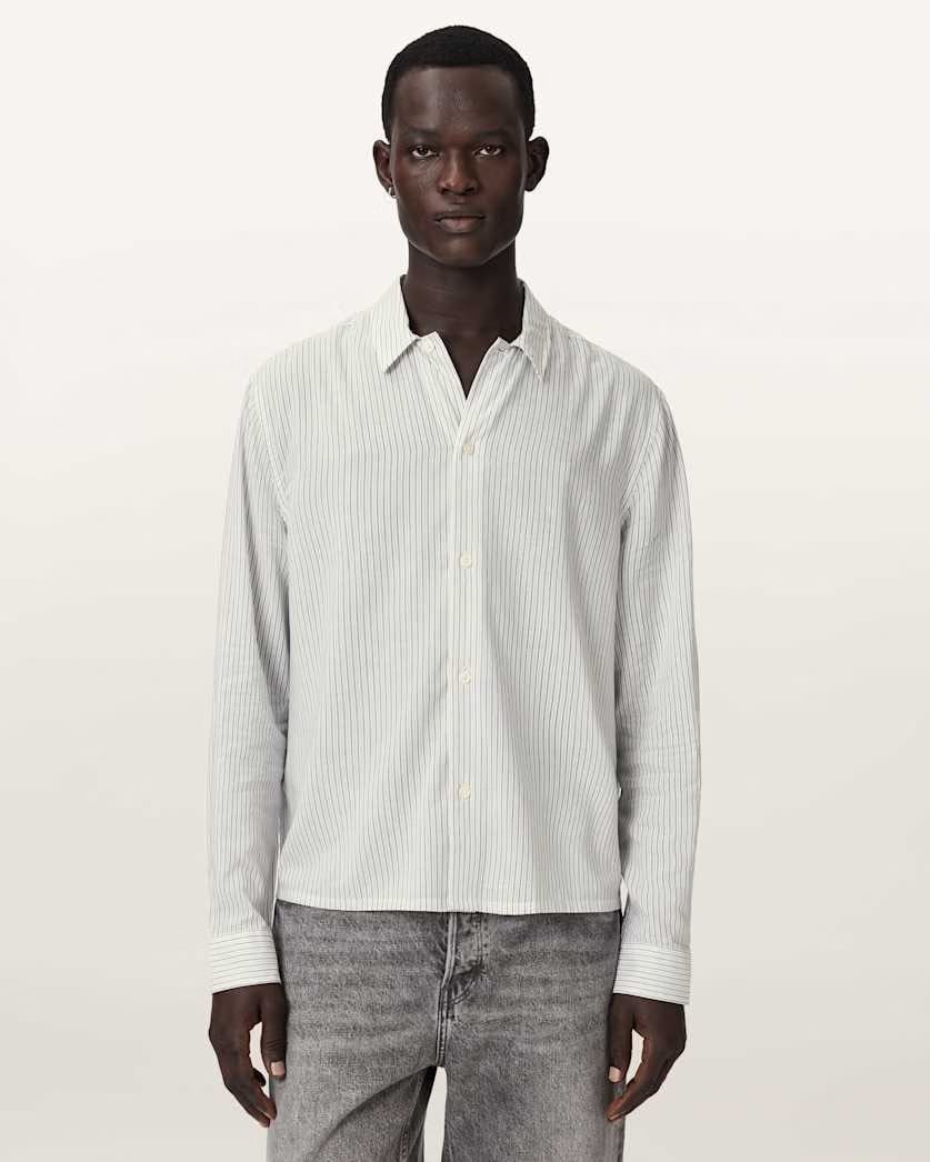 AllSaints Furrow Long Sleeve Boxy Striped Shirt Aero Blue
