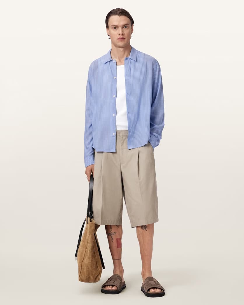 AllSaints Furrow Long Sleeve Boxy Striped Shirt Aero Blue