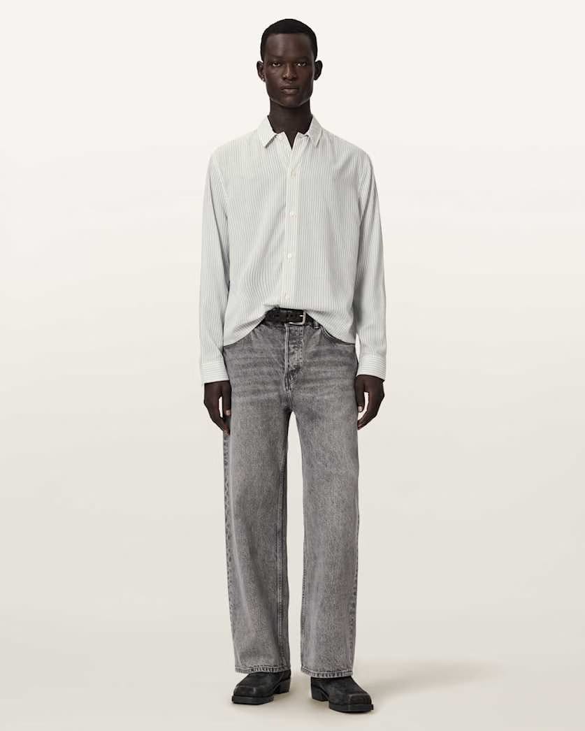 AllSaints Furrow Long Sleeve Boxy Striped Shirt Aero Blue