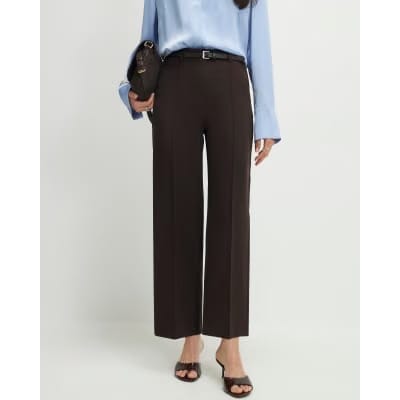 Brown Belted Cropped Wide Leg Trousers