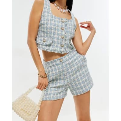Blue Check Fringe Hem Boucle Shorts