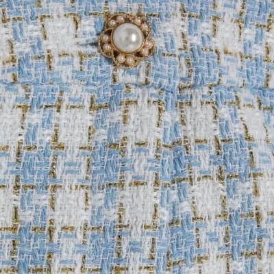 Blue Check Fringe Hem Boucle Shorts