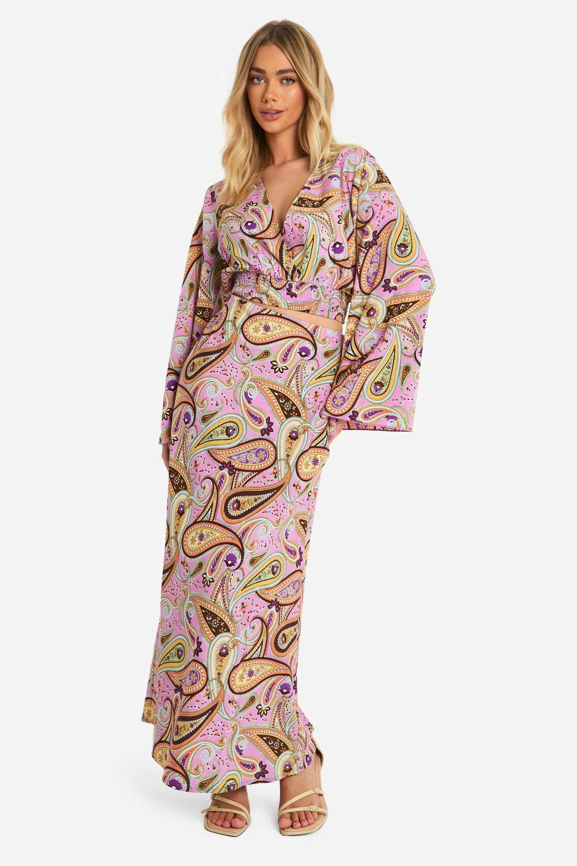 Paisley Print Flared Sleeve Crop & Maxi Skirt
