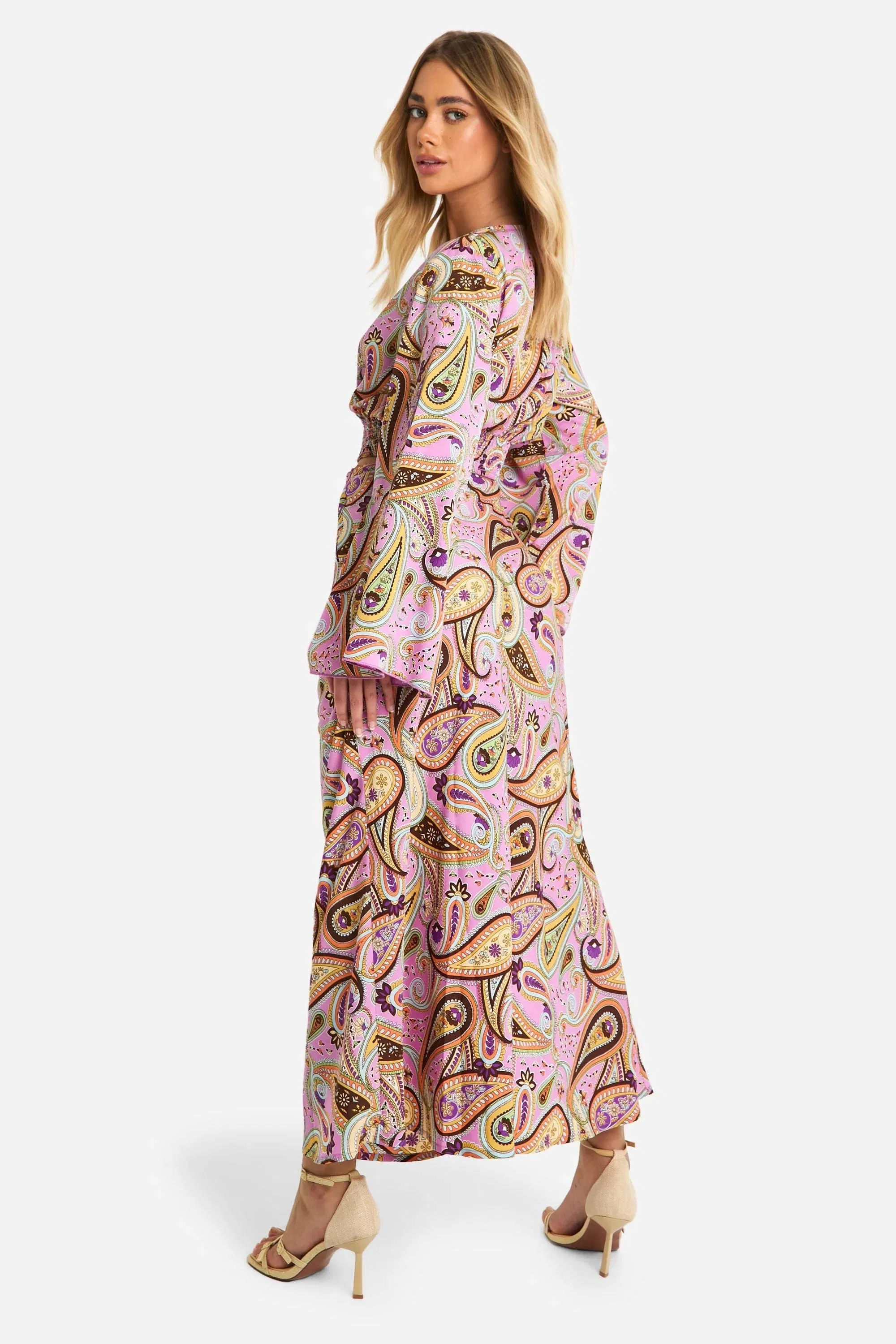 Paisley Print Flared Sleeve Crop & Maxi Skirt