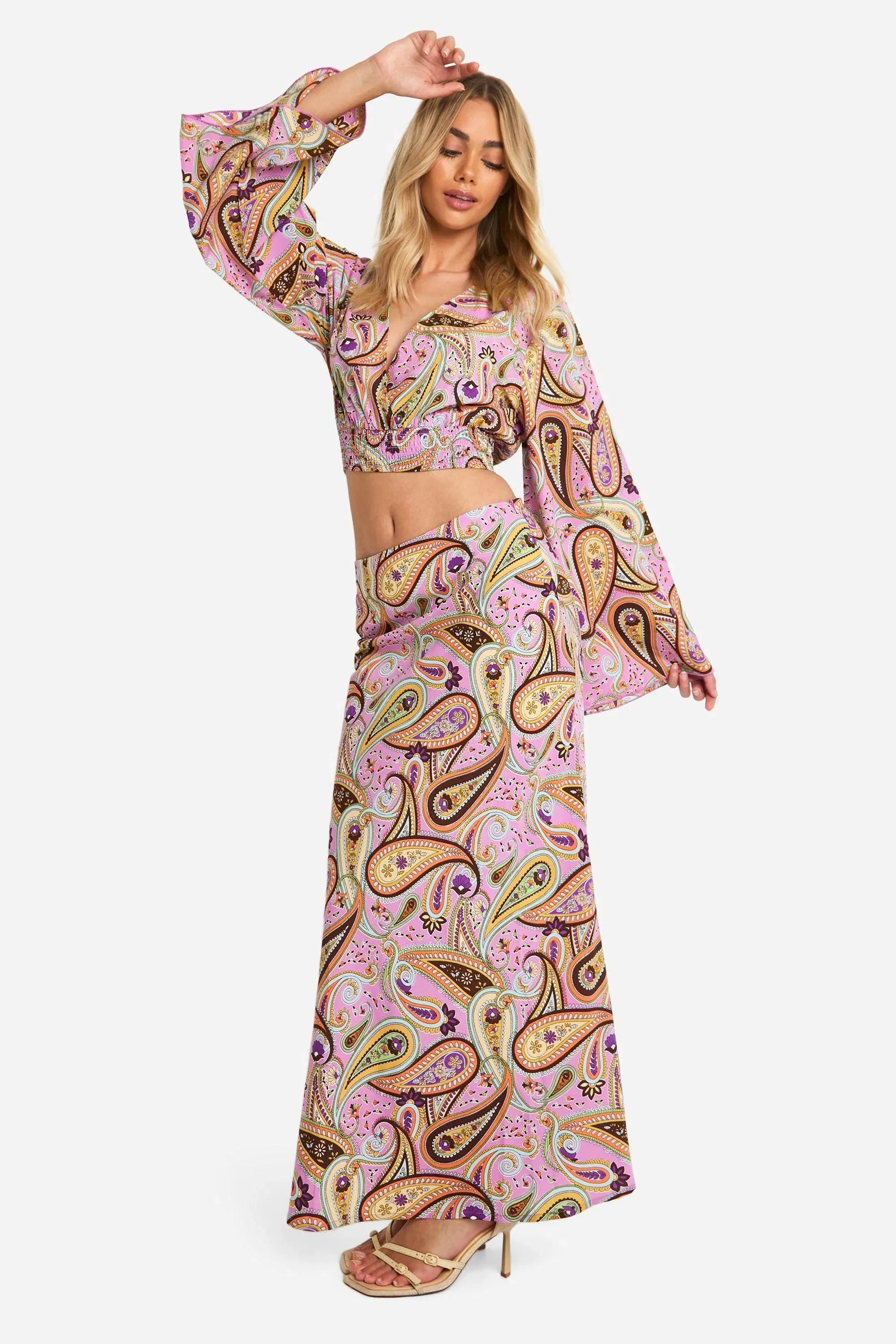 Paisley Print Flared Sleeve Crop & Maxi Skirt