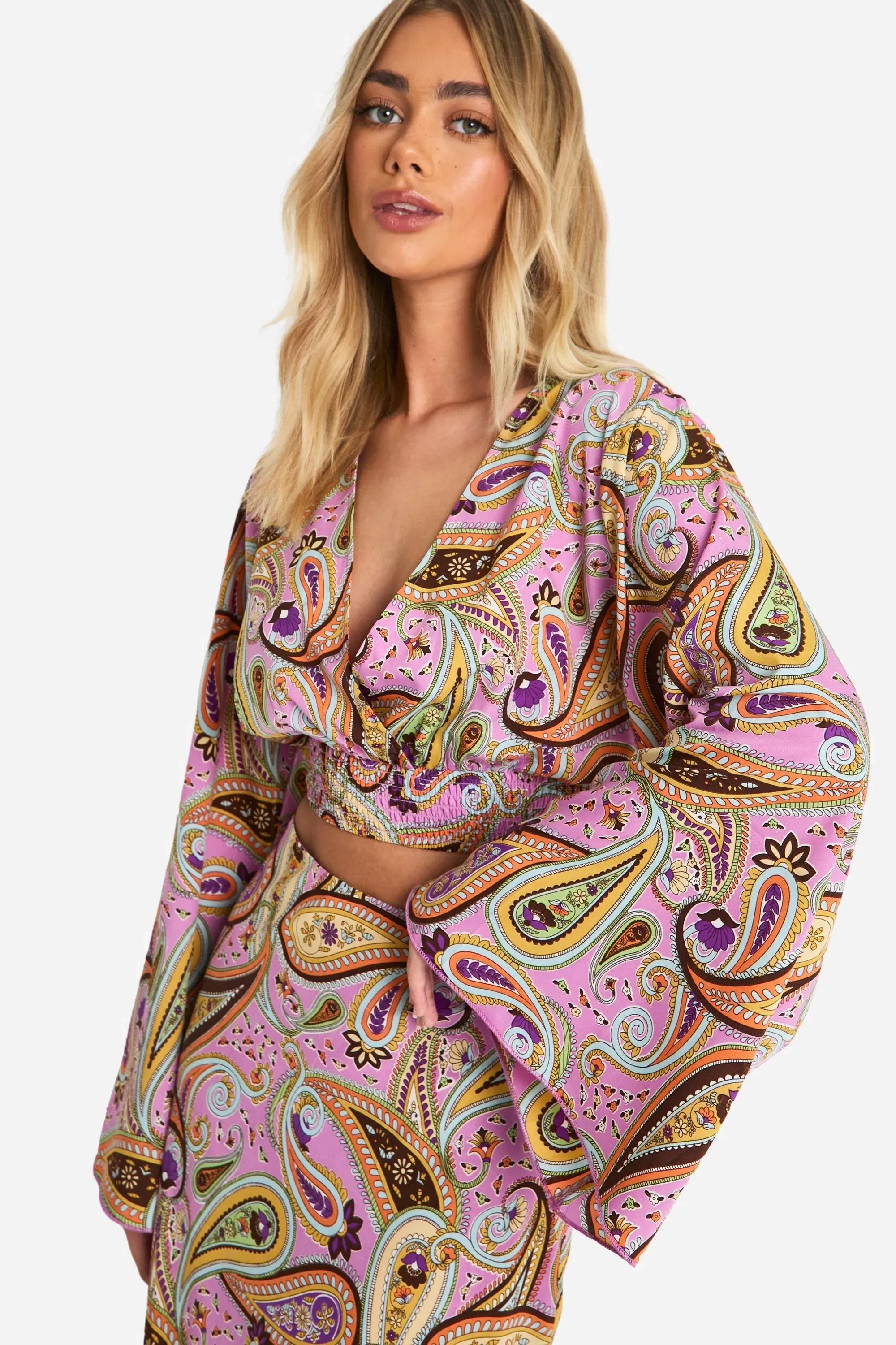 Paisley Print Flared Sleeve Crop & Maxi Skirt