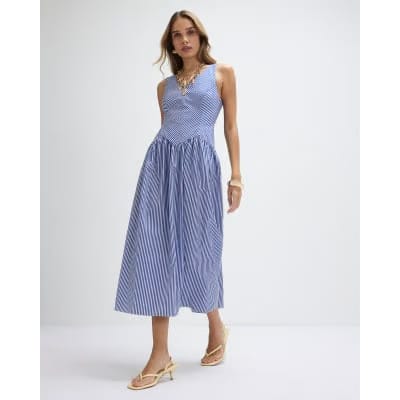 Navy V Neck Stripe Midi Dress
