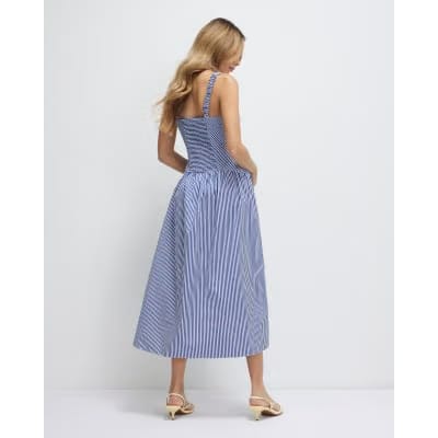 Navy V Neck Stripe Midi Dress