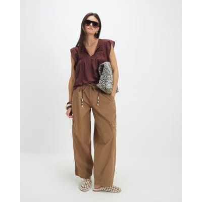 Brown Shirred Tie Neck Top