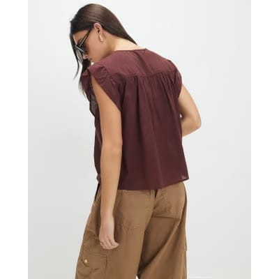 Brown Shirred Tie Neck Top