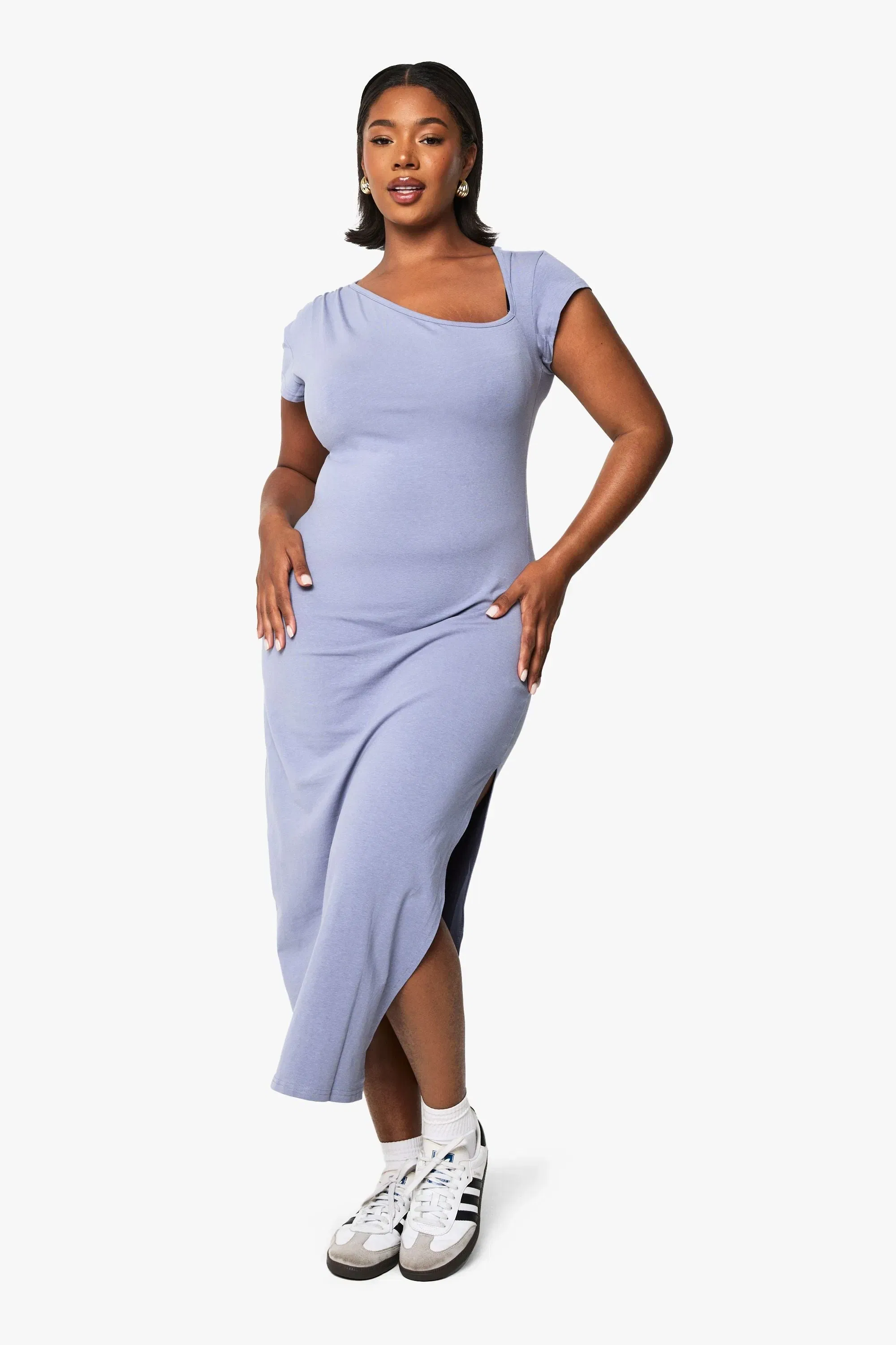 Plus Asymmetric Cap Sleeve Ruched Midaxi Dress