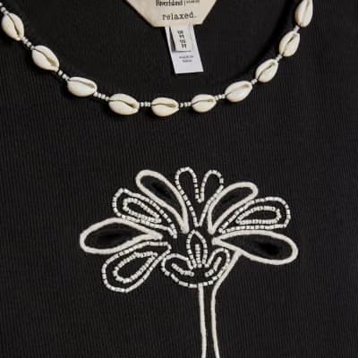 Black Cutwork Palm Tree Ribbed Vest Top