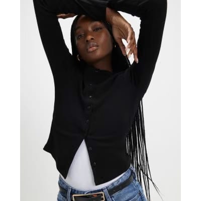 Black Long Sleeve Ribbed Button Up Top