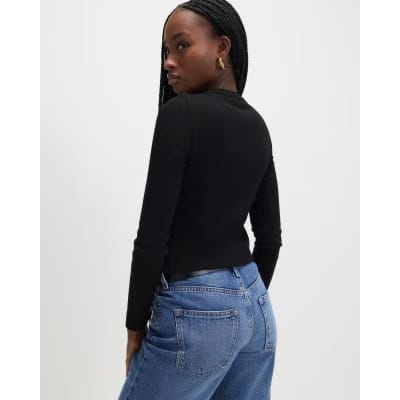 Black Long Sleeve Ribbed Button Up Top