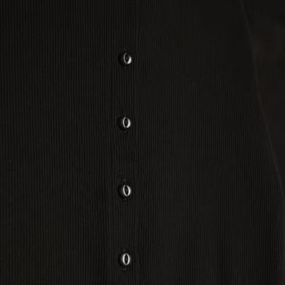 Black Long Sleeve Ribbed Button Up Top