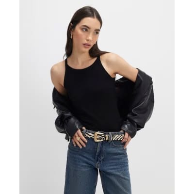 Black Ribbed Racer Front Tank Top