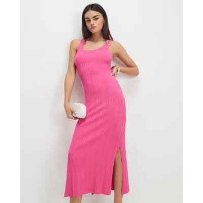 Pink Rib Knit Buckle Midi Dress