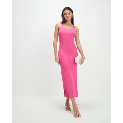 Pink Rib Knit Buckle Midi Dress