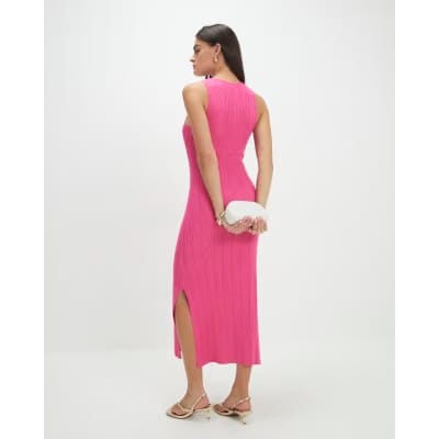 Pink Rib Knit Buckle Midi Dress