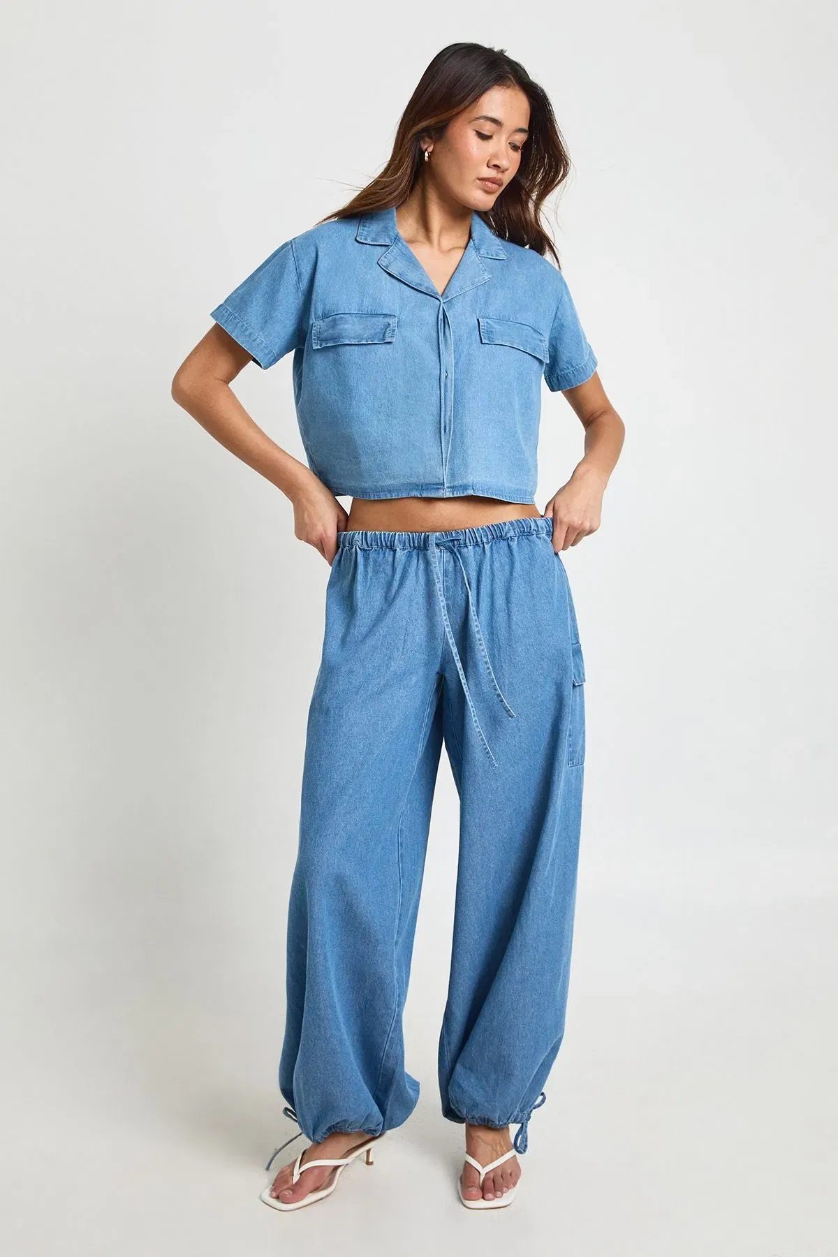 Chambray Cropped Short Sleeve Shirt
